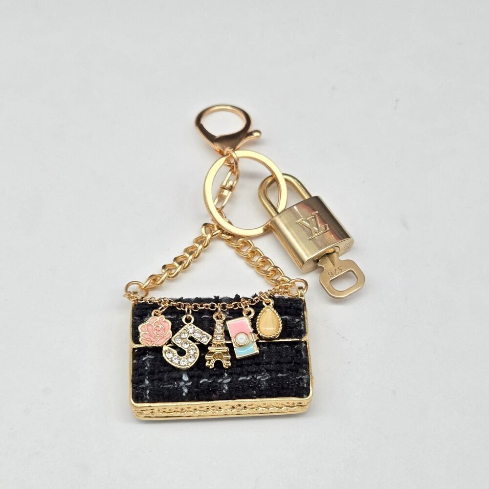 Authentic Louis Vuitton Padlock & Key Gold ✨Unbranded Tweed Bag Charm Keychain - Picture 4 of 5